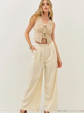Cream Burgundy Pinstripe Wide Leg Pants NWT #D147